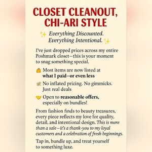 “Closet Cleanout, Chi-Ari Style 🌟 A Luxe Thank-You to My Loyal Customers.”